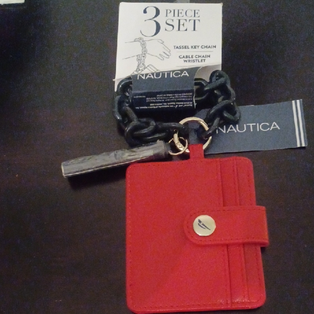 Nautica 3 Piece Red Card Case With Cable Wristlet & Tassel Key Chain (New)